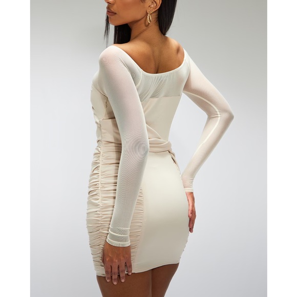 NWT PLT Cream Satin Bardot Twist Front Cut Out Bodycon Dress - Picture 4 of 8